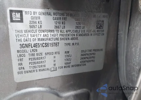 2012 Chevrolet Captiva Sport Ltz z USA, uszkodzony, nr VIN 3GNFL4E51CS619787